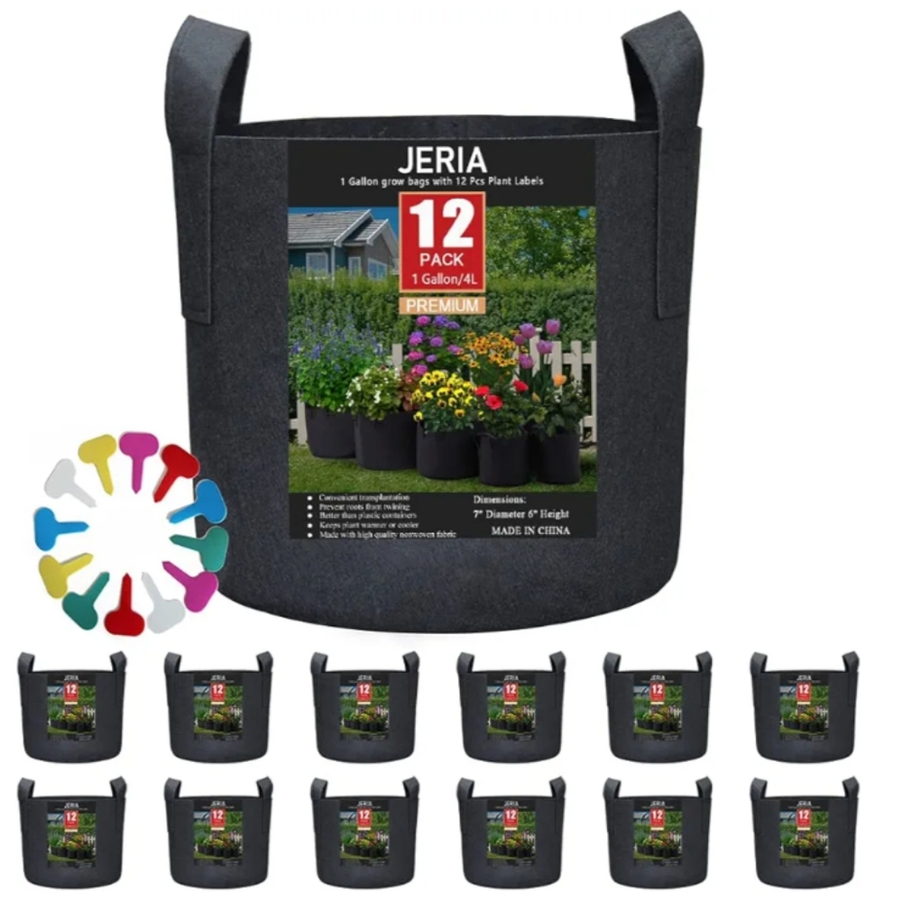 12pk 1-Gallon Grow Bags with Labels, Black